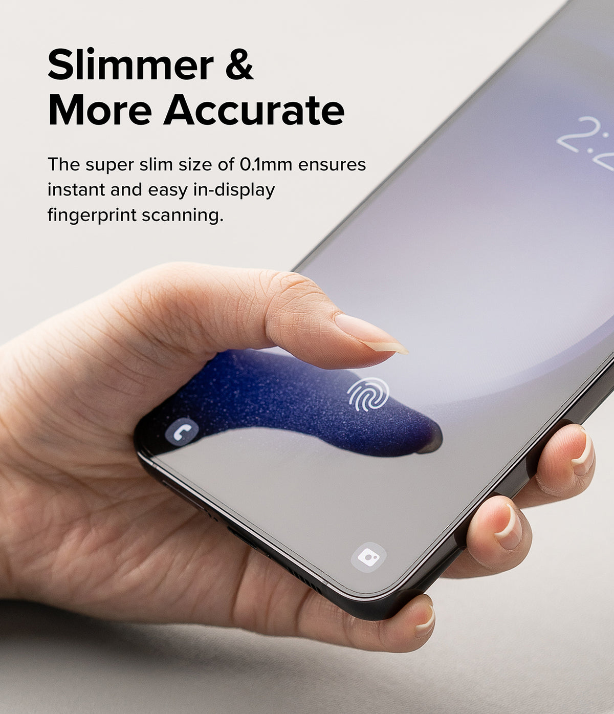 Galaxy S23 Plus Screen Protector | Silk Shield Film [2 Pack] - Galaxy S23 Plus Screen Protector - Finger pressing the in-display fingerprint scanner on a smartphone with a thin film.