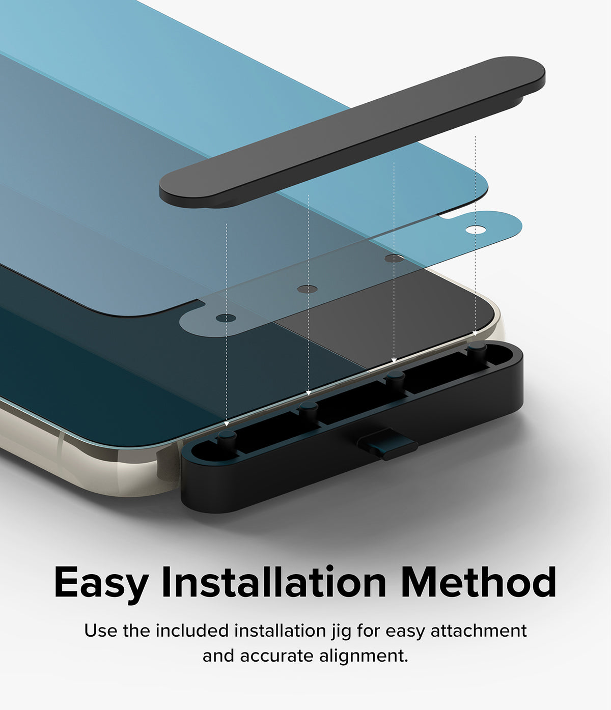 Galaxy S23 Plus Screen Protector | Silk Shield Film [2 Pack] - Galaxy S23 Plus Screen Protector - Exploded view showing a screen protector being aligned onto a phone using an installation jig.