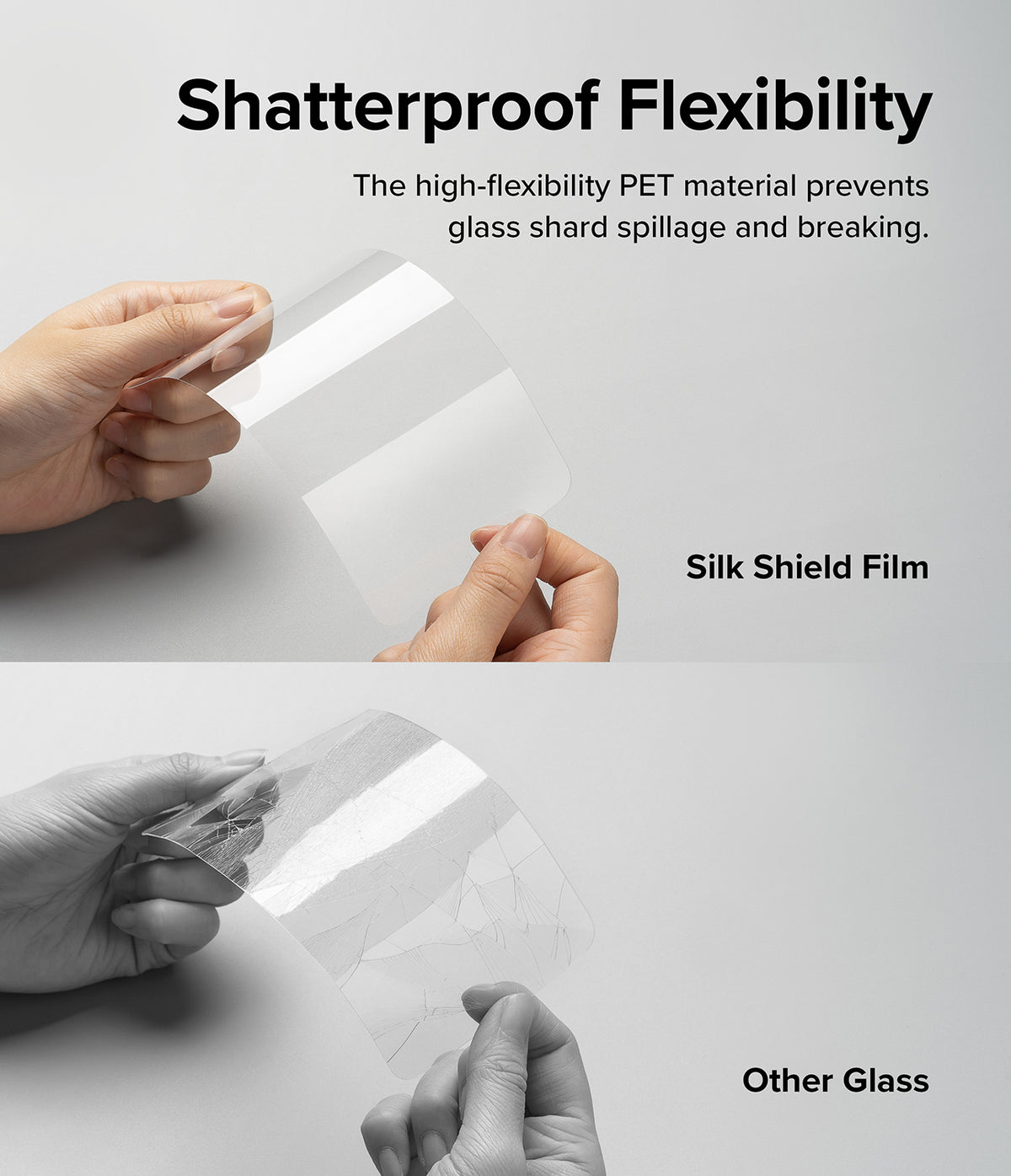 Galaxy S23 Plus Screen Protector | Silk Shield Film [2 Pack] - Galaxy S23 Plus Screen Protector - Hands bending a flexible clear film versus a cracked, rigid glass screen protector.