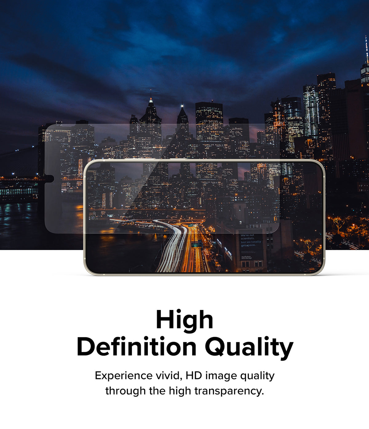 Galaxy S23 Plus Screen Protector | Silk Shield Film [2 Pack] - Galaxy S23 Plus Screen Protector - Transparent film overlaying a smartphone displaying a vibrant night city skyline.