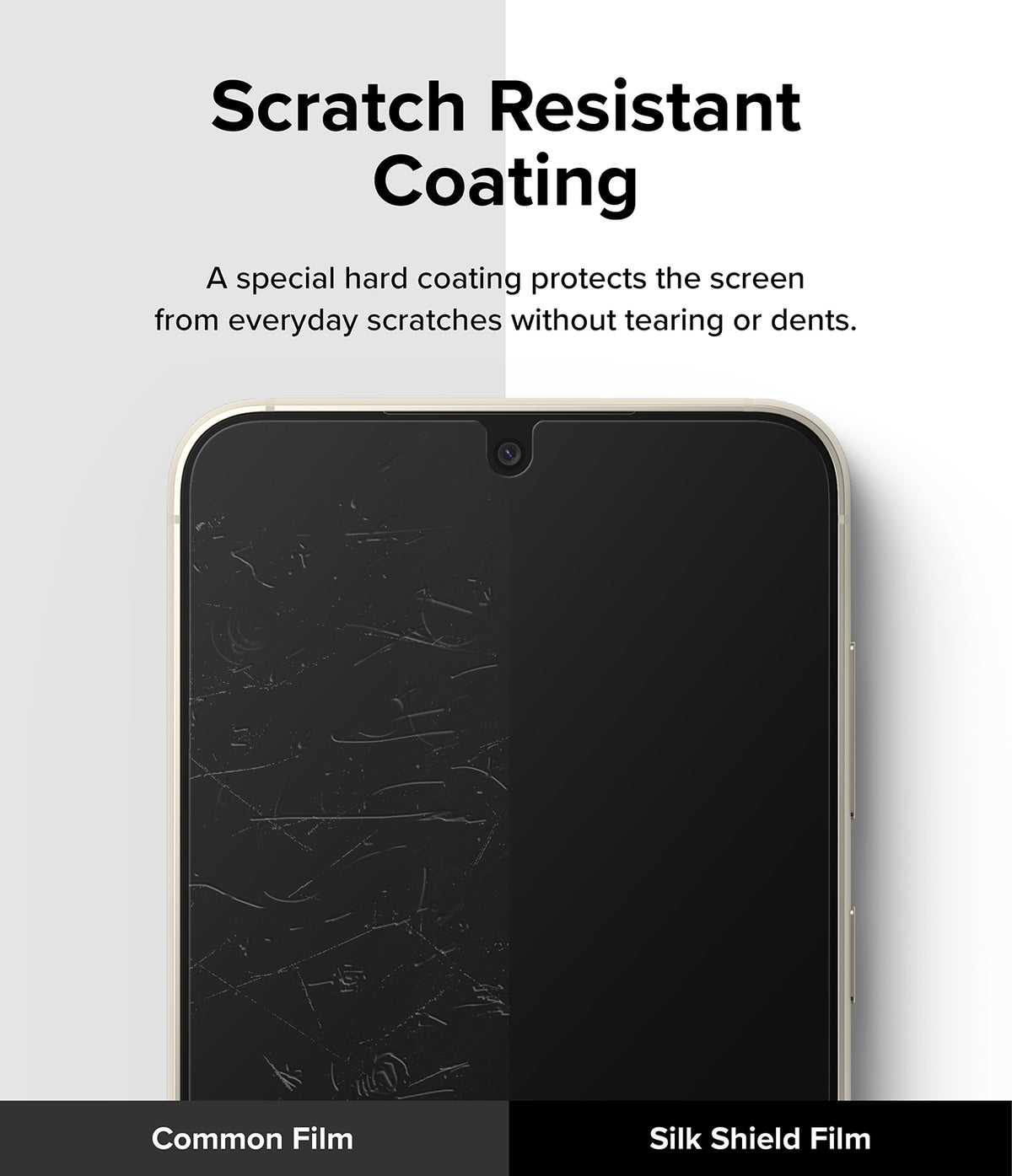 Galaxy S23 Plus Screen Protector | Silk Shield Film [2 Pack] - Galaxy S23 Plus Screen Protector - Split screen comparing a scratched common film to a pristine Silk Shield film.
