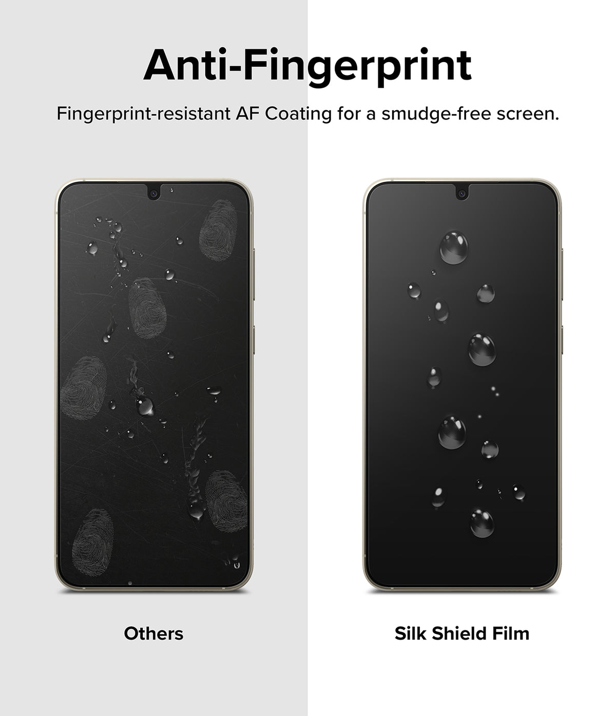Galaxy S23 Plus Screen Protector | Silk Shield Film [2 Pack] - Comparison showing a smudged screen versus a clean one.