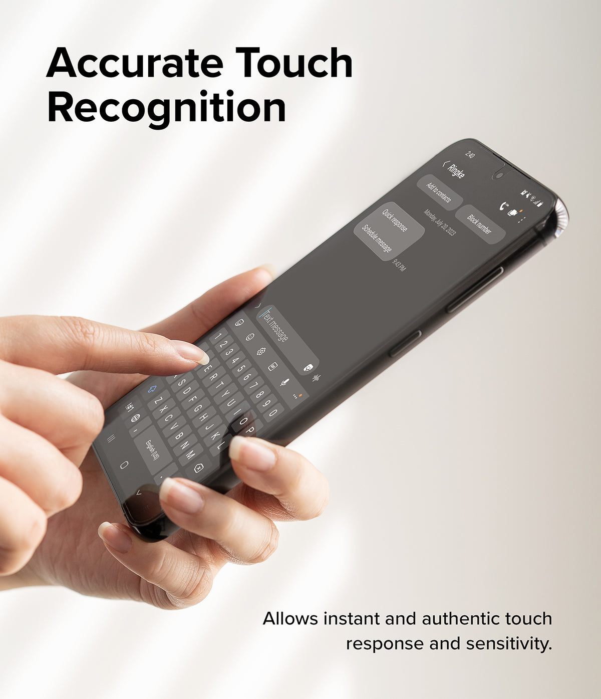 Galaxy S23 Plus Screen Protector | Silk Shield Film [2 Pack] - Galaxy S23 Plus Screen Protector - Hand typing on a smartphone screen to demonstrate accurate touch sensitivity.