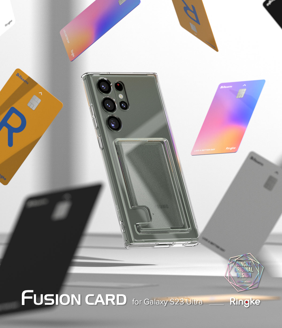 Galaxy S23 Ultra Case | Fusion Card - Clear phone case with a built-in card slot surrounded by floating credit cards.