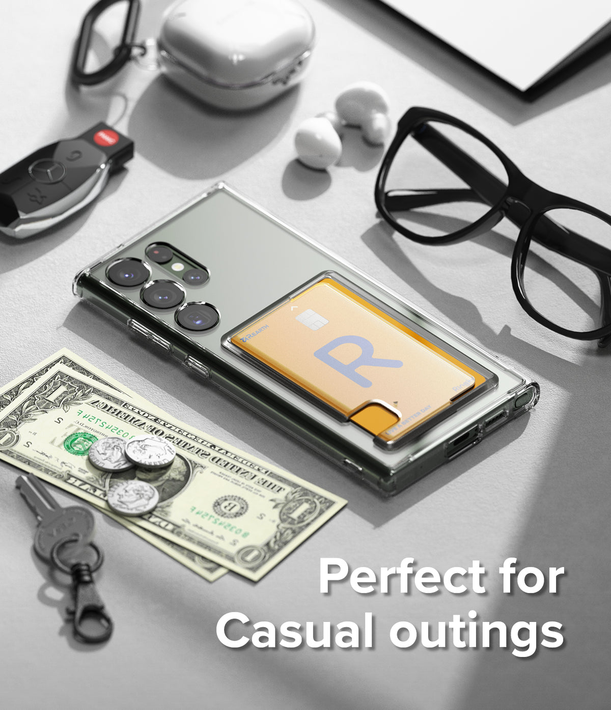 Galaxy S23 Ultra Case | Fusion Card - Clear phone case with a card holder, surrounded by keys, cash, and glasses.