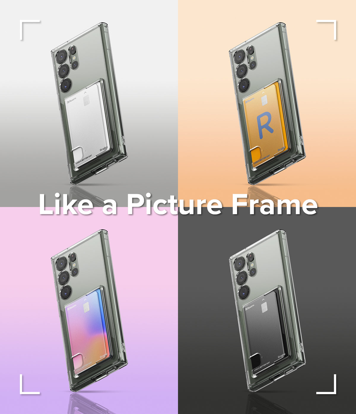 Galaxy S23 Ultra Case | Fusion Card - Four Galaxy S23 Ultra phones in clear cases with different colored cards inserted.