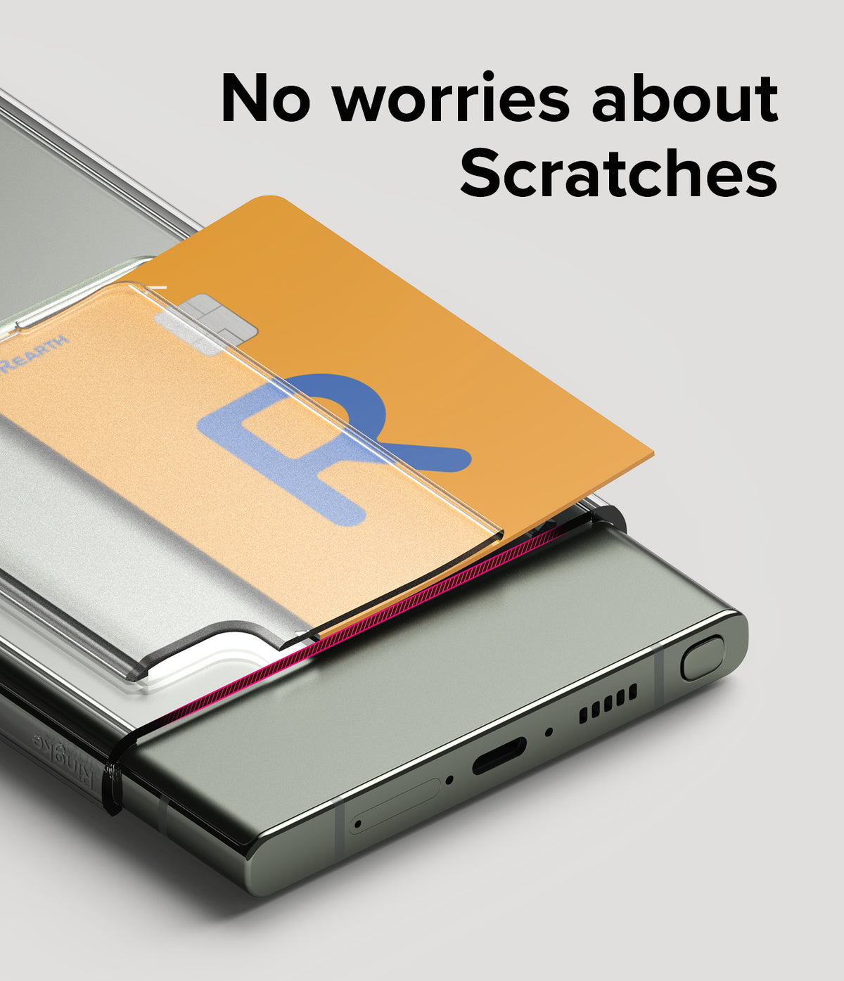 Galaxy S23 Ultra Case | Fusion Card - A credit card sliding into a clear phone case slot on a Galaxy S23 Ultra.