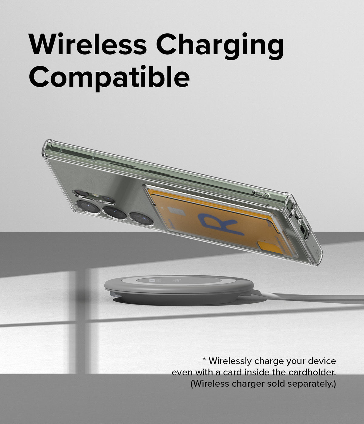 Galaxy S23 Ultra Case | Fusion Card - Phone with cardholder case hovering above a wireless charging pad.