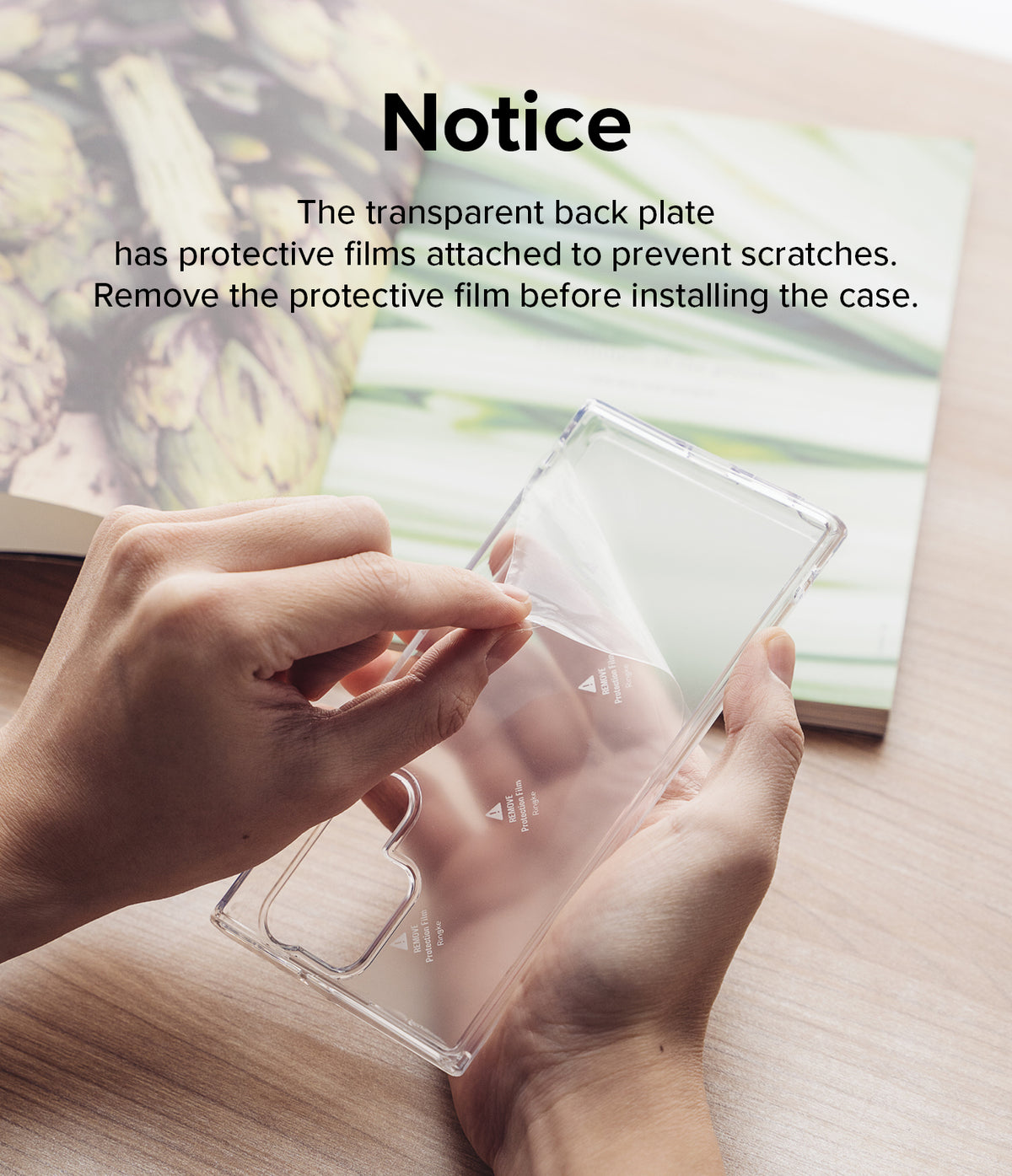 Galaxy S23 Ultra Case | Fusion Card - Hands peeling protective film off the transparent back of a phone case.