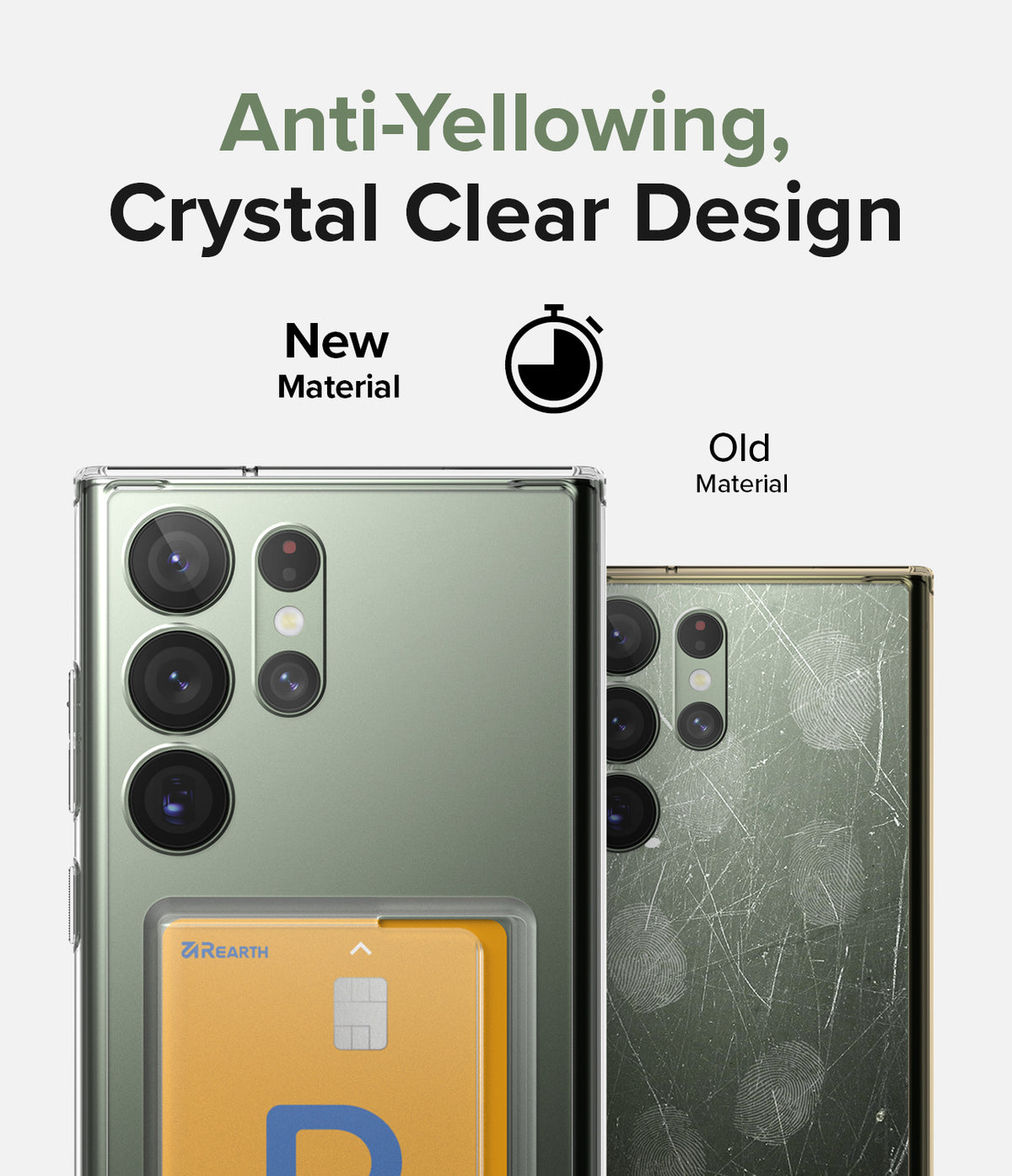 Galaxy S23 Ultra Case | Fusion Card - Comparison showing a clear, scratch-free new case versus a yellowed, scratched old case.