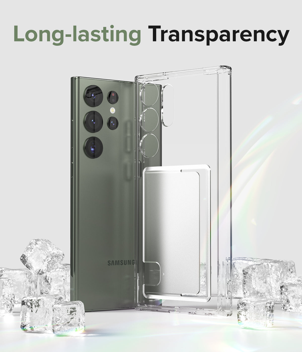 Galaxy S23 Ultra Case | Fusion Card - Clear phone case with card slot beside a green Galaxy S23 Ultra amidst ice cubes.