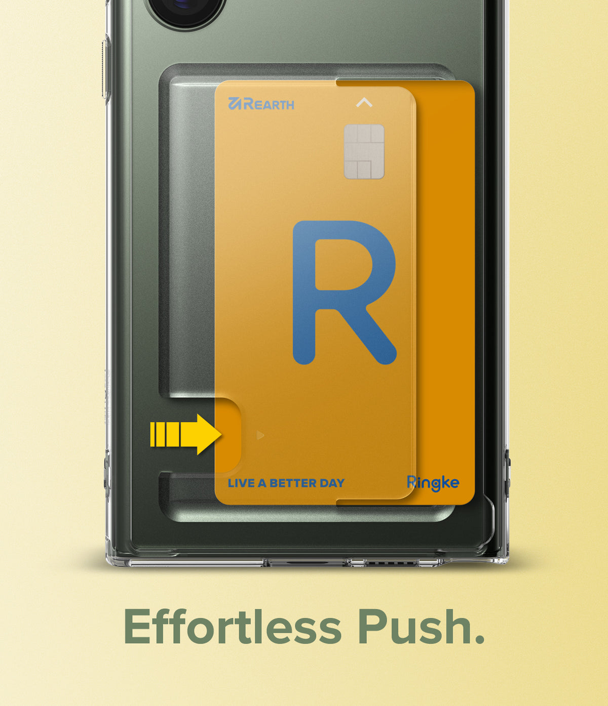 Galaxy S23 Ultra Case | Fusion Card - A yellow card being pushed into a slot on the back of a green smartphone case.