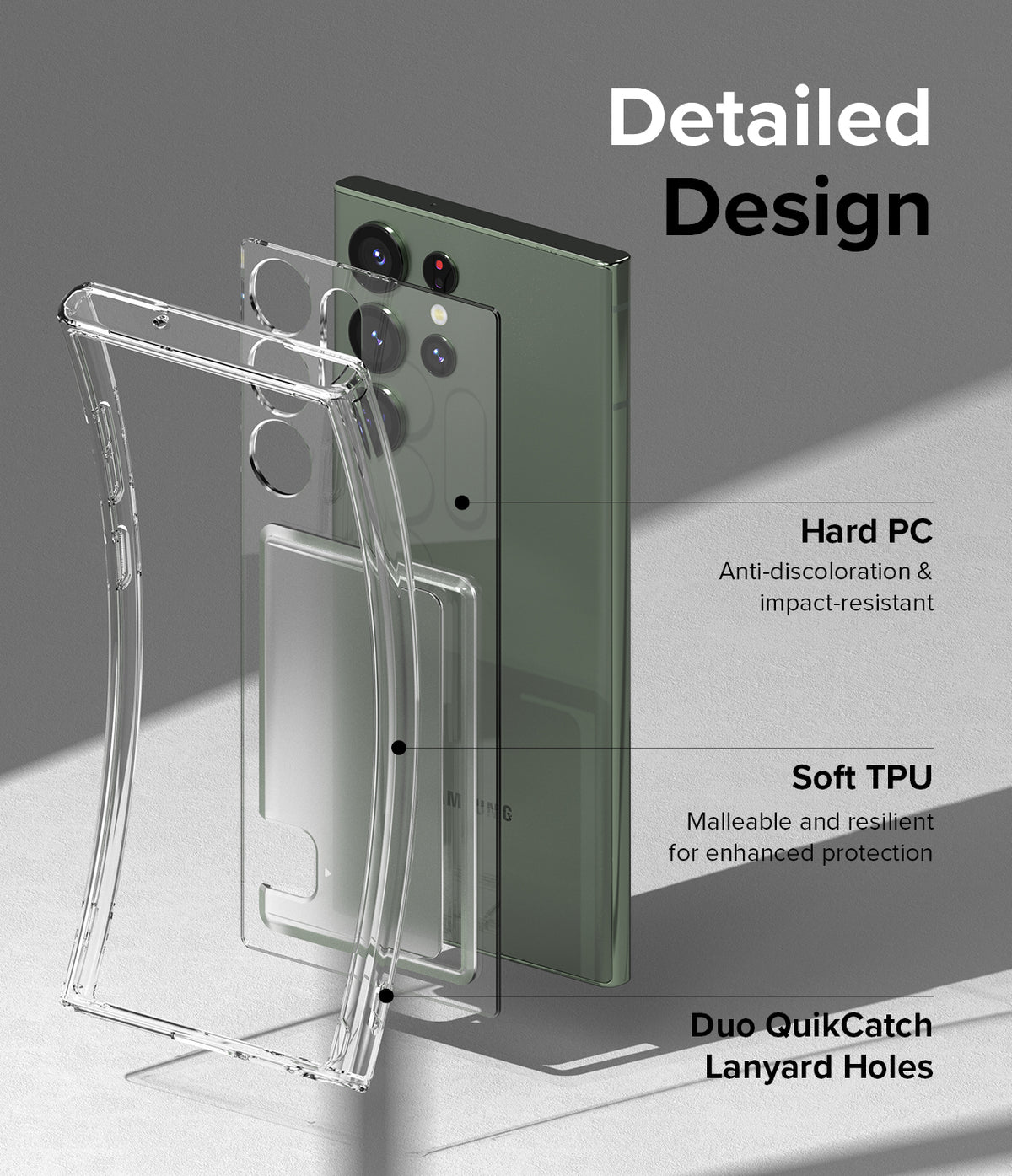 Galaxy S23 Ultra Case | Fusion Card - Exploded view of a clear phone case highlighting hard PC and soft TPU layers.