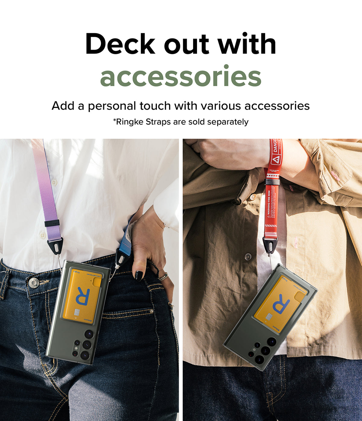 Galaxy S23 Ultra Case | Fusion Card - Two people wearing phones in card-holder cases with colorful neck and wrist straps.
