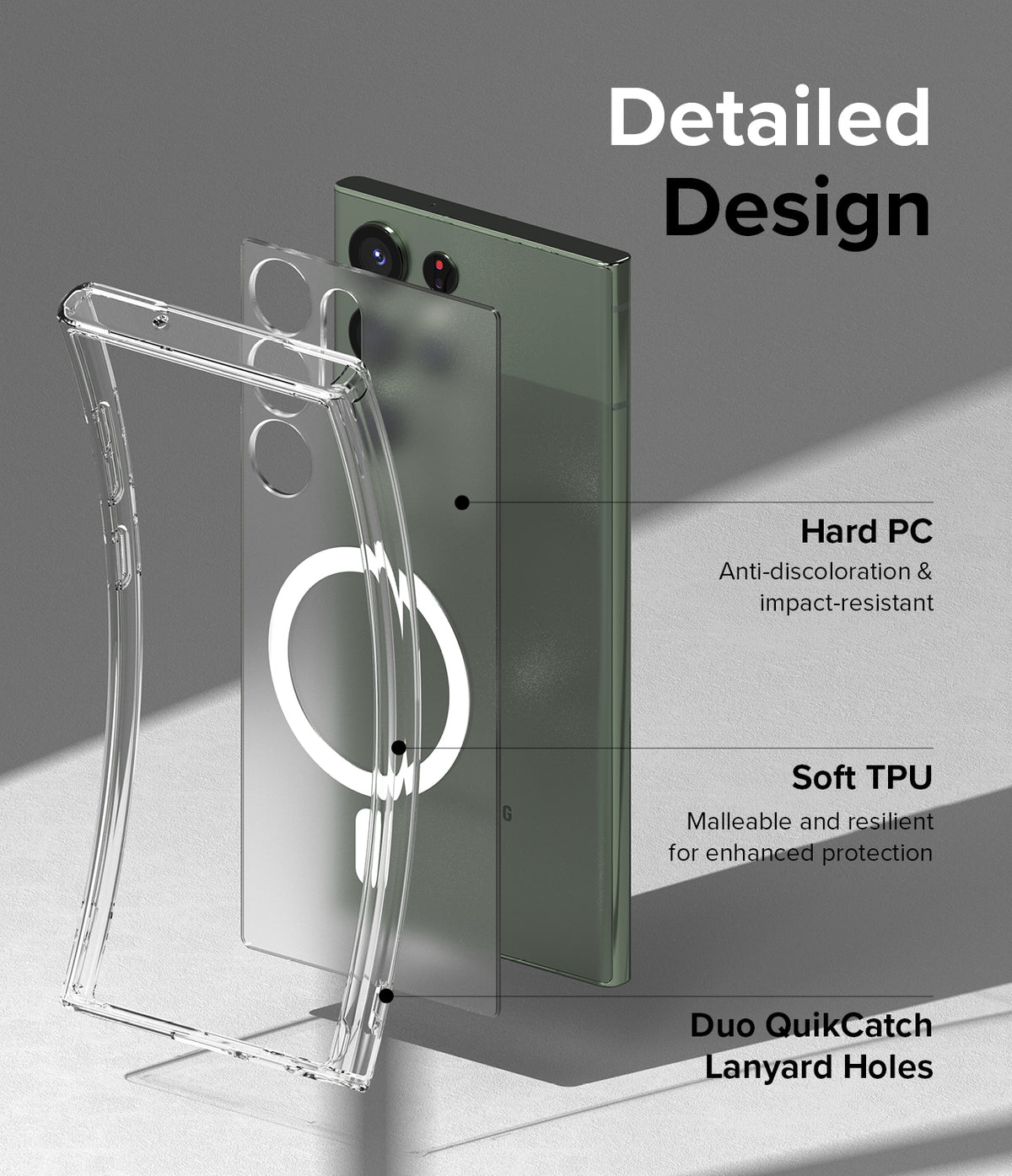 Galaxy S23 Ultra Case | Fusion Magnetic Matte - Exploded view of a phone case showing hard PC, soft TPU, and lanyard holes.