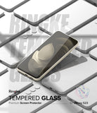 Galaxy S23 Screen Protector | Full Cover Glass - Tempered glass screen protector hovering over a Galaxy S23 phone.
