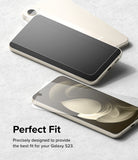Galaxy S23 Screen Protector | Full Cover Glass - Two Galaxy S23 phones with a clear glass screen protector being applied.