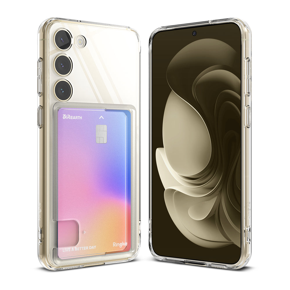 Galaxy S23 Plus Case | Fusion Card - Clear phone case with a card slot holding a gradient card, shown from front and back.