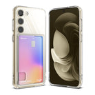 Galaxy S23 Case | Fusion Card - Clear phone case with a rear card slot holding a colorful gradient card, shown front and back.