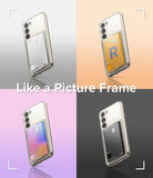 Galaxy S23 Case | Fusion Card - Four Galaxy S23 phones in clear card-slot cases against colorful backgrounds.
