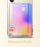 Galaxy S23 Case | Fusion Card - Clear phone case with a gradient card slot and an arrow indicating how to push the card out.