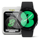 Galaxy Watch 5 / 4 (40mm) Screen Protector | Sapphire Crystal Glass - Galaxy Watch 5 / 4 (40mm) Screen Protector - Sapphire glass protector hovering over a black smartwatch with green face.