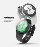 Galaxy Watch 5 / 4 Screen Protector | Glass - R4 - Galaxy Watch 5 / 4 Screen Protector - Glass screen protector hovering over a black Galaxy Watch against a white watch.