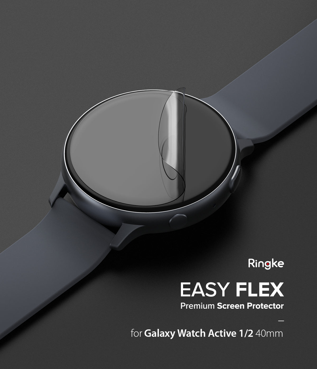 Galaxy Watch Active | Easy Flex - A clear screen protector film being applied to a black Galaxy Watch Active on a dark background.