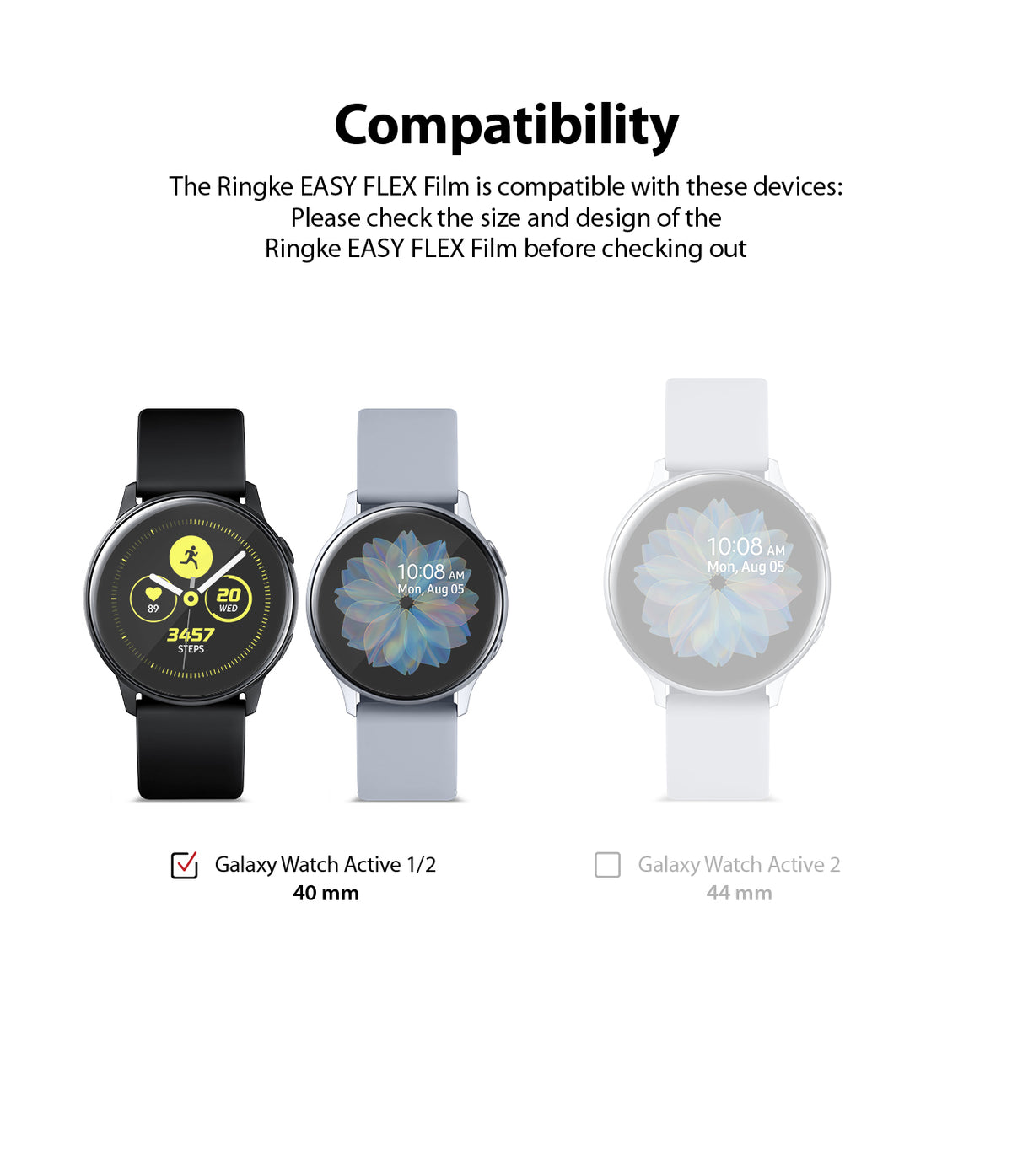 Galaxy Watch Active | Easy Flex - Compatibility chart showing 40mm Galaxy Watch Active 1/2 models with a checkmark.