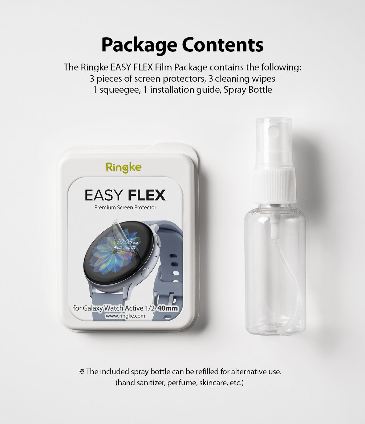Galaxy Watch Active | Easy Flex - Ringke screen protector packaging and an empty spray bottle on a white background.