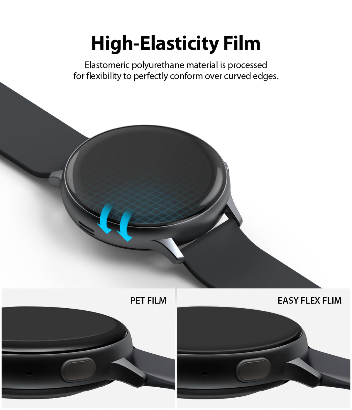 Galaxy Watch Active | Easy Flex - Smartwatch screen protector showing flexible film application over curved edges.