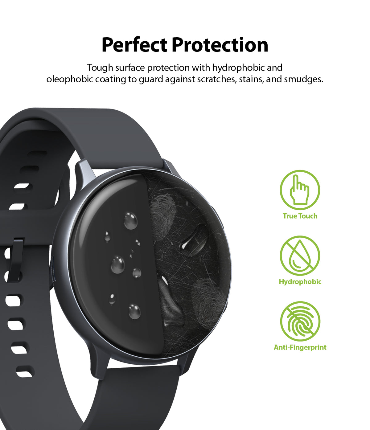 Galaxy Watch Active | Easy Flex - Smartwatch screen showing water-repellent coating versus smudged surface with icons.