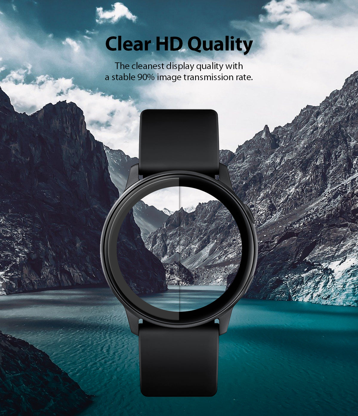 Galaxy Watch Active | Easy Flex - Smartwatch screen protector showing a clear, high-definition mountain lake view.