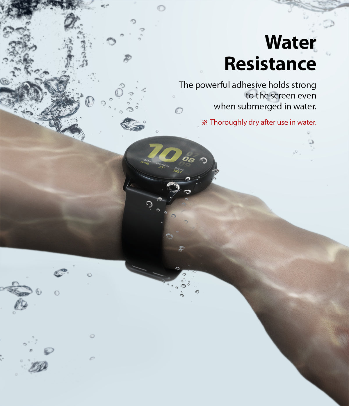 Galaxy Watch Active 2 (40mm) | Easy Flex - A smartwatch submerged in water with text highlighting its water resistance.