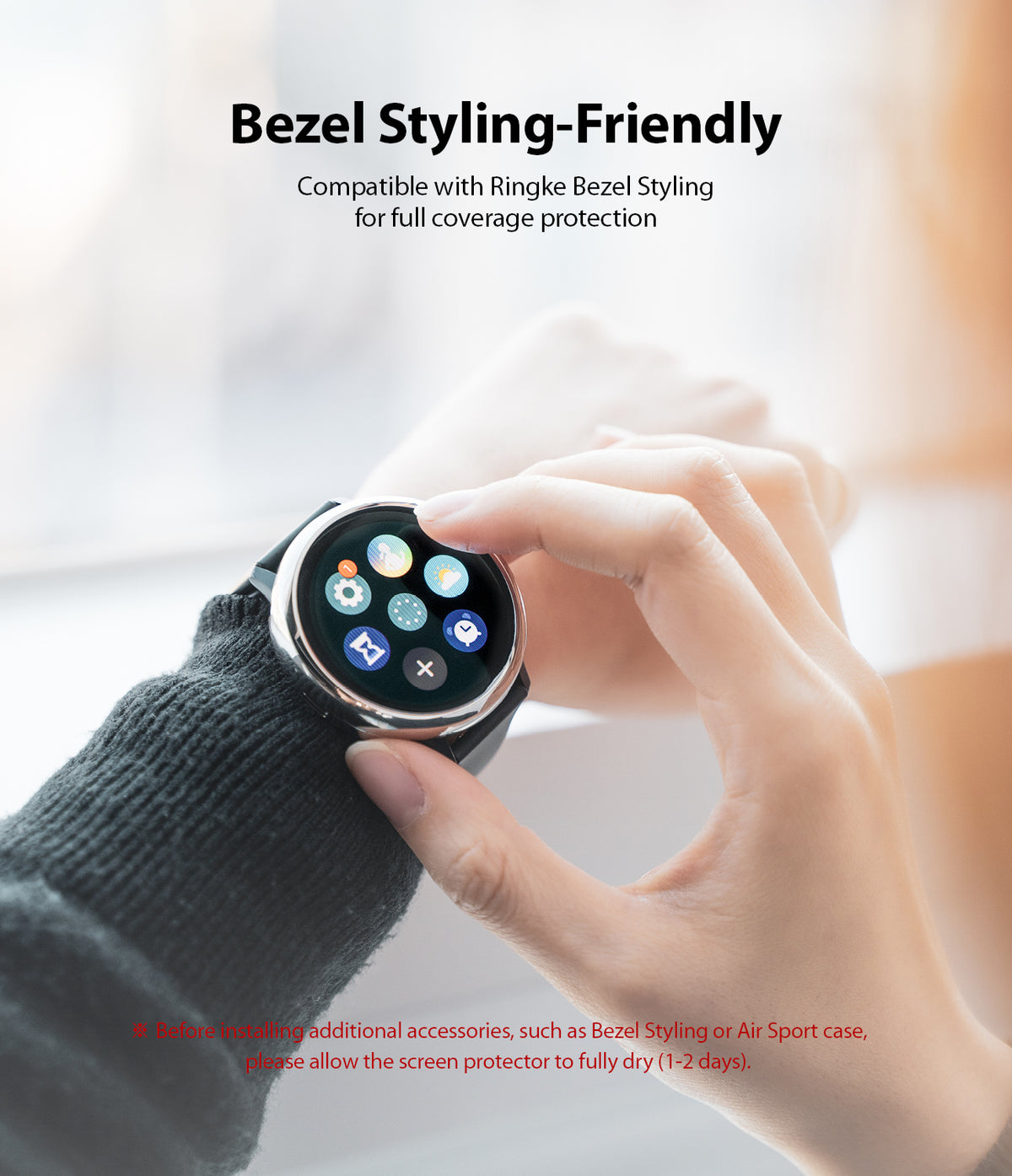 Galaxy Watch Active | Easy Flex - A person wearing a Galaxy Watch with a screen protector and metal bezel styling.