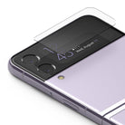 Galaxy Z Flip 3 Screen Protector | Cover Display Glass [3 Pack] - Galaxy Z Flip 3 Screen Protector - Clear glass protector hovering above the cover display of a lavender Galaxy Z Flip 3.