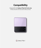Galaxy Z Flip 3 Screen Protector - Compatibility chart for a lavender Galaxy Z Flip 3 smartphone.