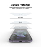 Galaxy Z Flip 3 Screen Protector - Exploded view showing five protective layers stacked above a Galaxy Z Flip 3 phone.