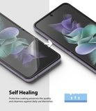 Galaxy Z Flip 3 Screen Protector - A scratched phone screen being restored by a self-healing protective film.
