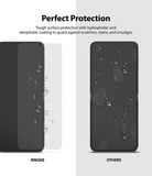 Galaxy Z Flip 3 Screen Protector - Comparison showing water beading on a Ringke protector versus smudges on others.