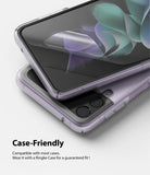 Galaxy Z Flip 3 Screen Protector - A clear screen protector being applied to a purple Galaxy Z Flip 3 inside a protective case.