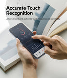 Galaxy Z Flip 4 Screen Protector | Dual Easy Film - Galaxy Z Flip 4 Screen Protector - Hand touching a smartphone screen displaying a fitness app interface.