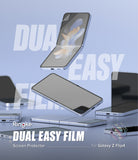 Galaxy Z Flip 4 Screen Protector | Dual Easy Film - Galaxy Z Flip 4 Screen Protector - Floating Galaxy Z Flip 4 phones with screen film application against a blue background.
