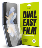 Galaxy Z Flip 4 Screen Protector | Dual Easy Film - Galaxy Z Flip 4 Screen Protector - A transparent film being applied to a Galaxy Z Flip 4 next to its lime green packaging.