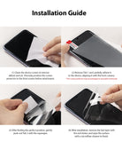 Galaxy Z Fold 2 Screen Protector | Invisible Defender - Galaxy Z Fold 2 Screen Protector - Four-step installation guide showing hands applying a film to a smartphone screen.