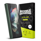 Galaxy Z Fold 3 Screen Protector | Cover Display Glass - Galaxy Z Fold 3 Screen Protector - Tempered glass screen protector next to its black and green product packaging.