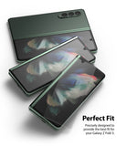 Galaxy Z Fold 3 Screen Protector | Cover Display Glass - Galaxy Z Fold 3 Screen Protector - Three green Galaxy Z Fold 3 phones with a clear glass screen protector being applied.