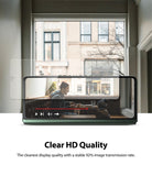 Galaxy Z Fold 3 Screen Protector | Cover Display Glass - Galaxy Z Fold 3 Screen Protector - Transparent glass protector hovering over a smartphone displaying a video in a cafe.
