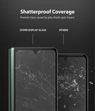 Galaxy Z Fold 3 Screen Protector | Cover Display Glass - Galaxy Z Fold 3 Screen Protector - Comparison showing shattered screen protector holding together versus others splintering.