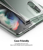 Galaxy Z Fold 3 Screen Protector | Cover Display Glass - Galaxy Z Fold 3 Screen Protector - Close-up of a green phone case fitting around the cover display of a folded phone.